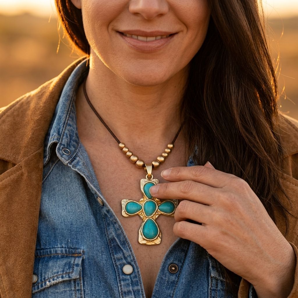 Boho Gold Turquoise Cross Pendant Necklace