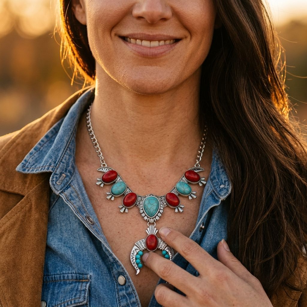 Boho Silver Turquoise Red Squash Necklace