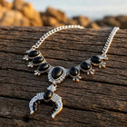 Boho Silver Black Onyx Crescent Necklace