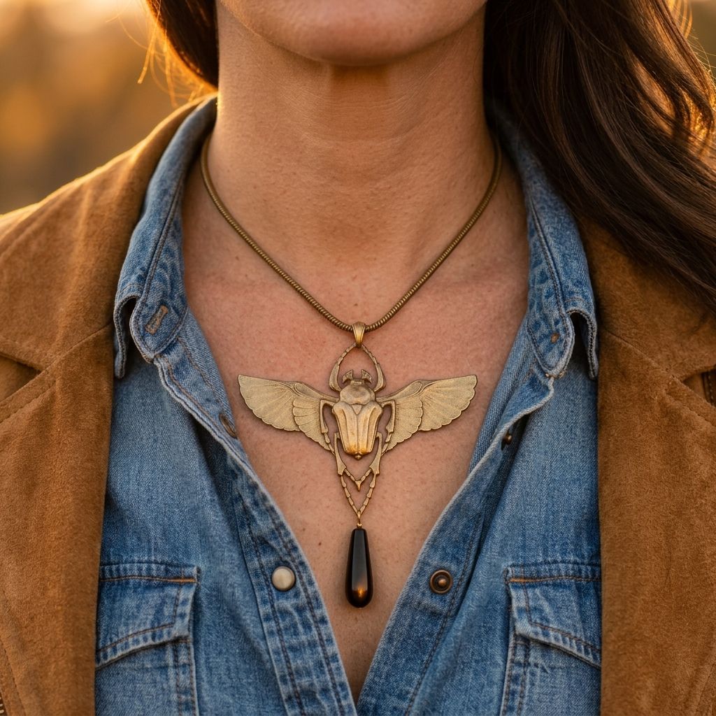 Vintage Gold Winged Beetle Onyx Necklace