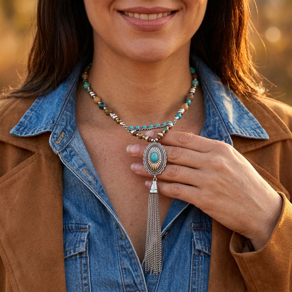 Boho Silver Turquoise Tassel Long Necklace