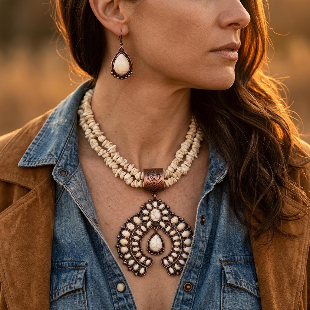 Boho Alloy Turquoise Inlay Necklace Earrings Set