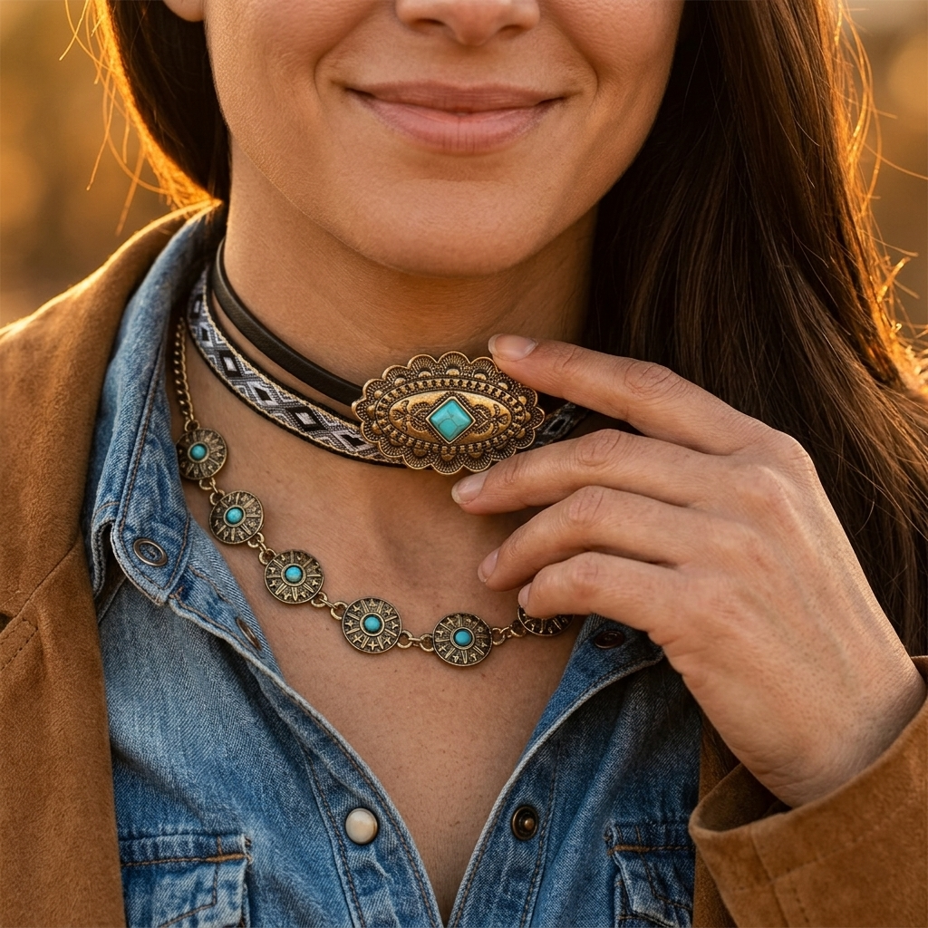 Vintage Bronze Turquoise Choker Necklace Set