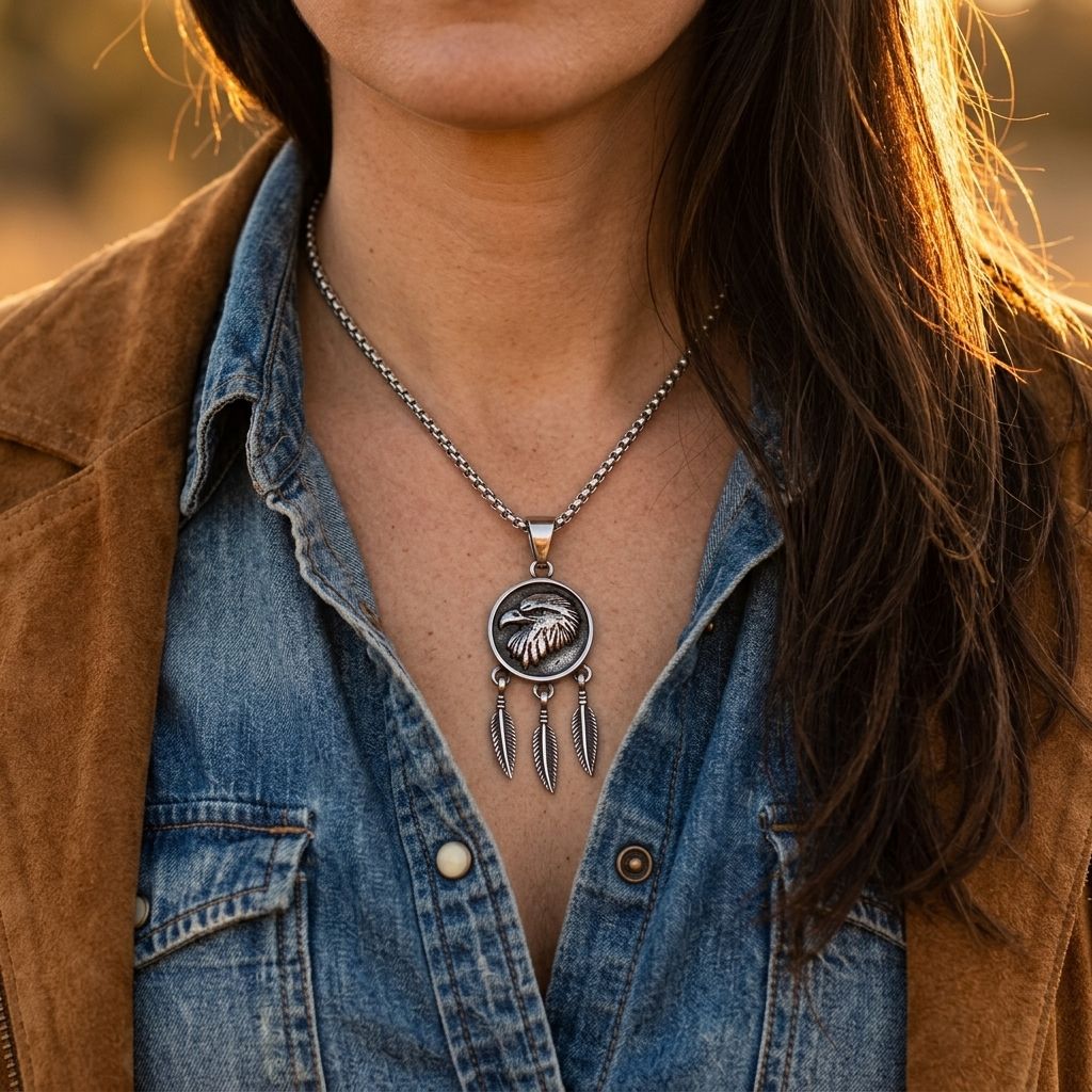 Retro Silver Eagle Feather Pendant Necklace