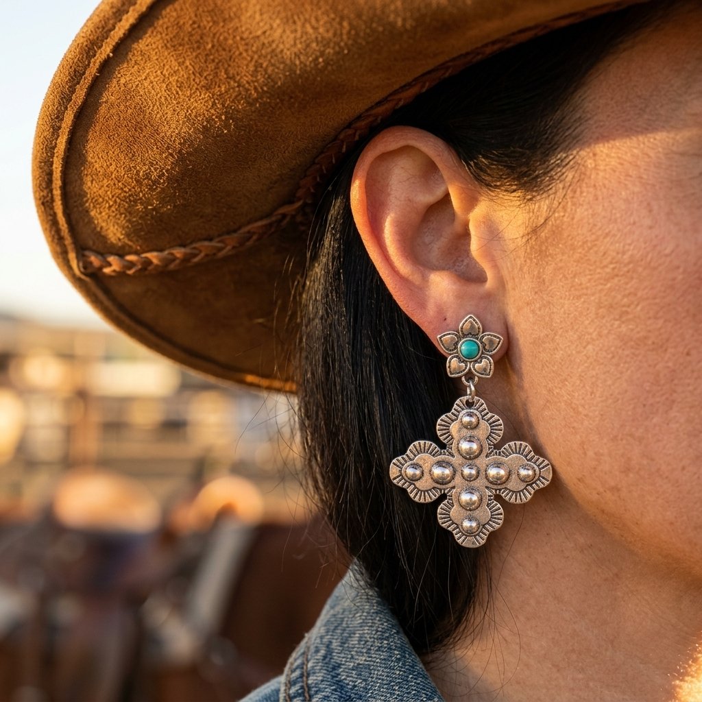 Boho Silver Turquoise Cross Earrings