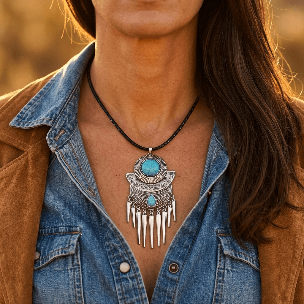 Bohemian Silver Turquoise Spike Tassel Necklace
