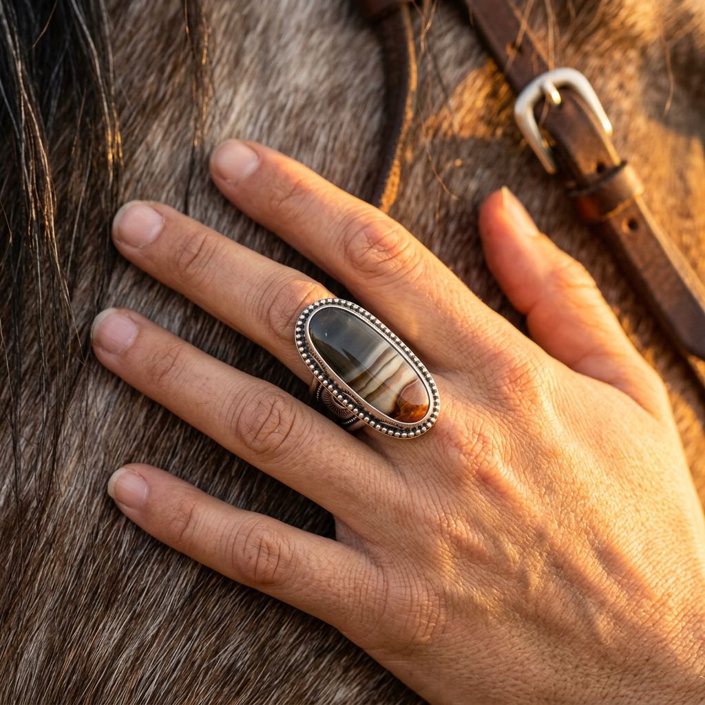 Bohemian Silver Banded Agate Oval Ring