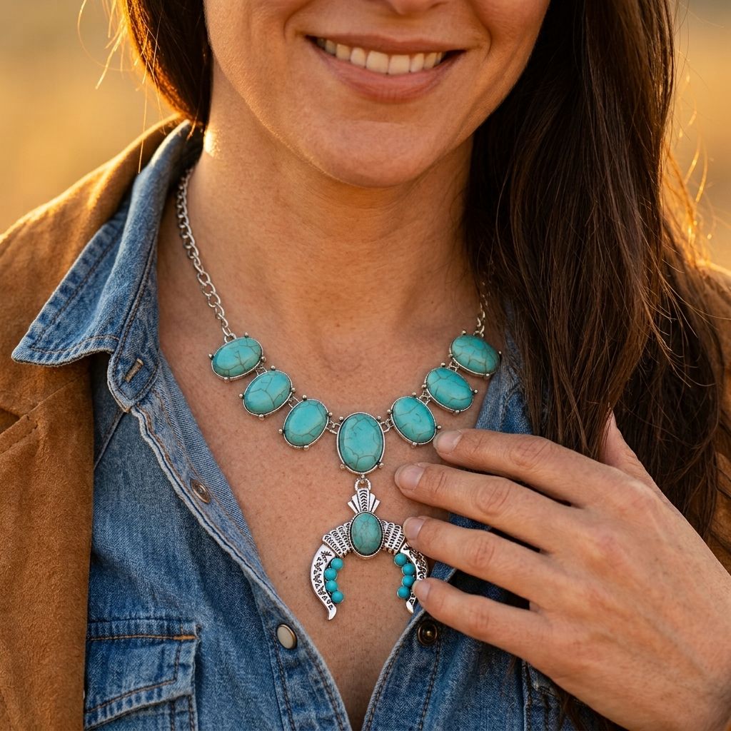 Boho Silver Turquoise Squash Blossom Necklace
