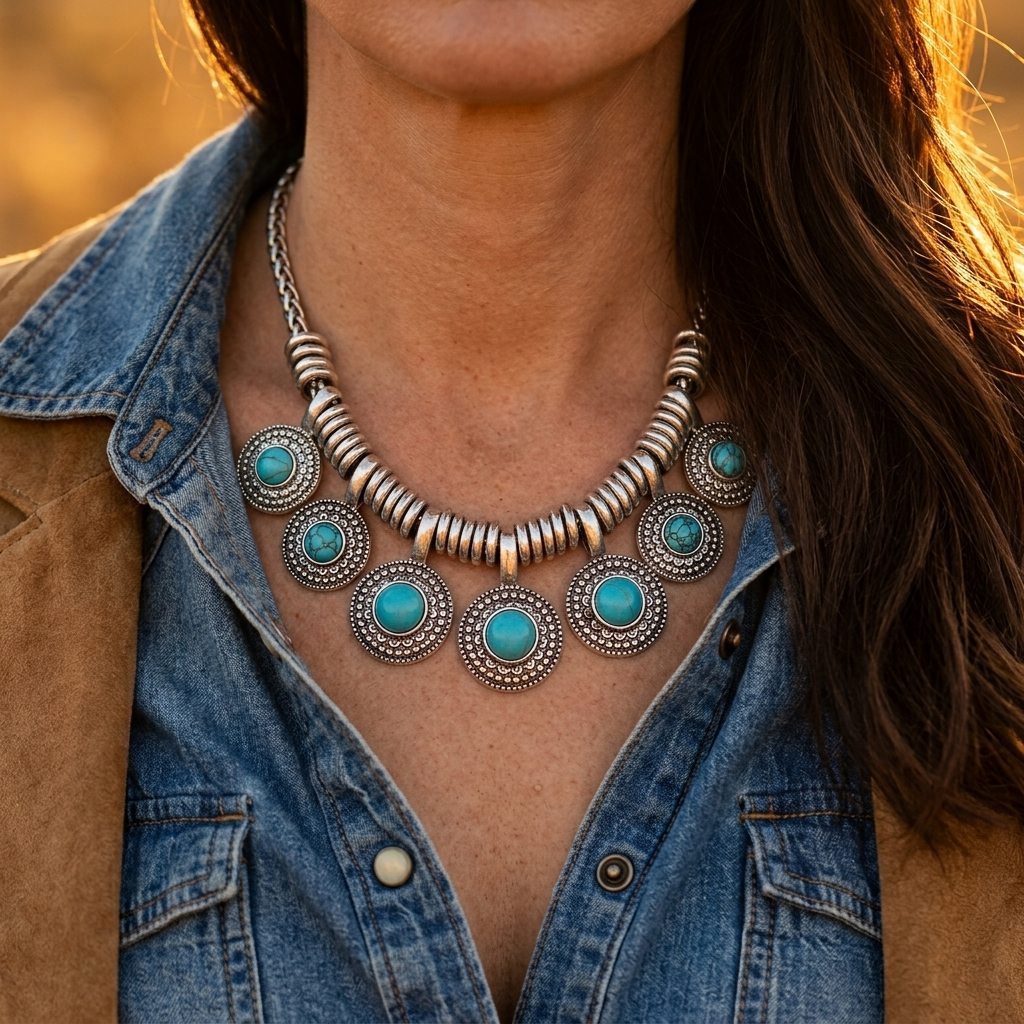 Vintage Turquoise Round Pendant Statement Necklace
