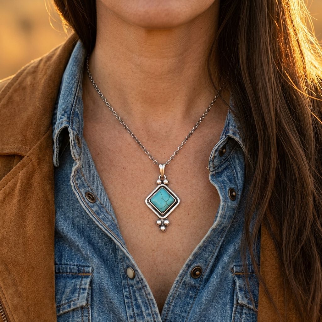 Boho Silver Turquoise Square Necklace