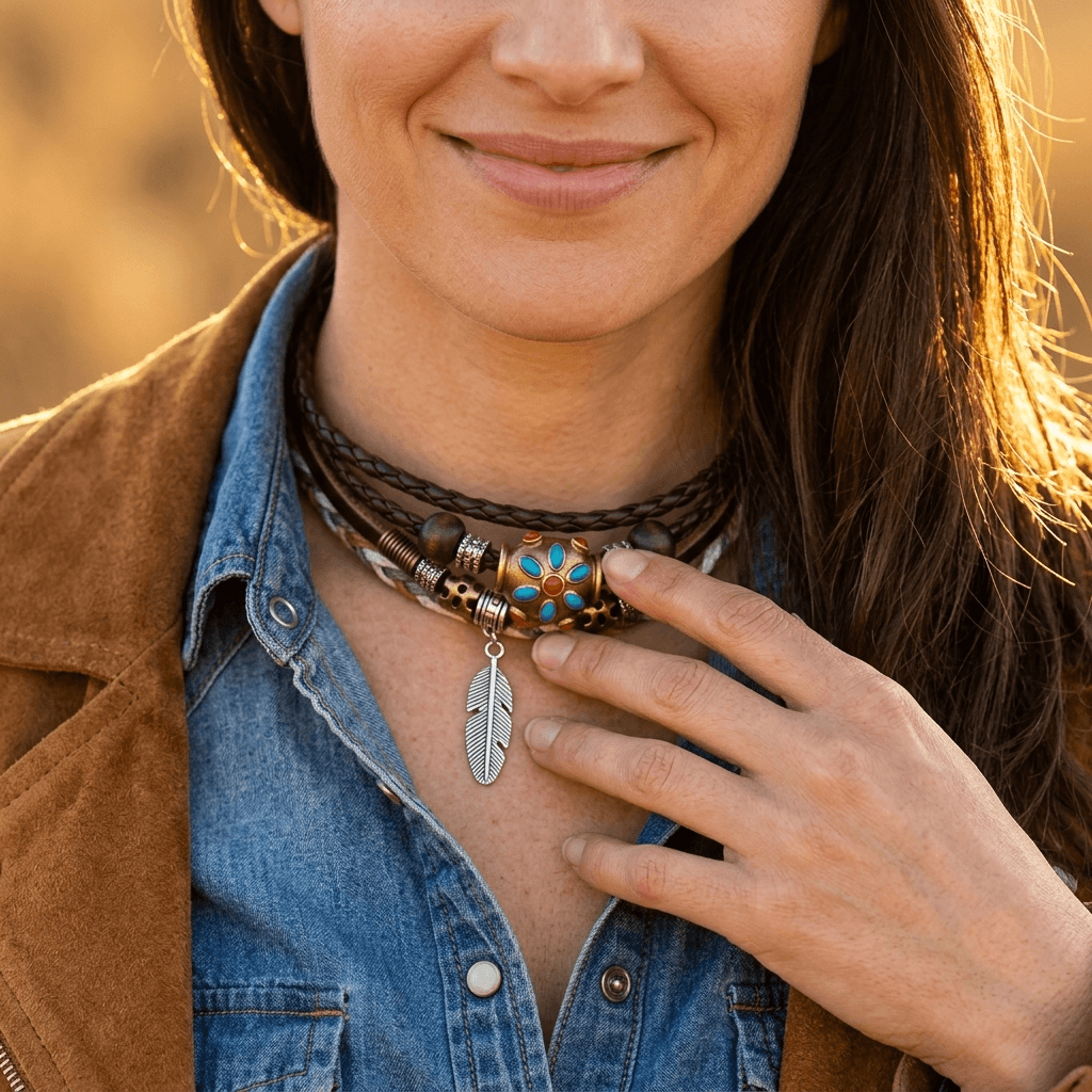 Vintage Leather Beaded Feather Pendant Bracelet