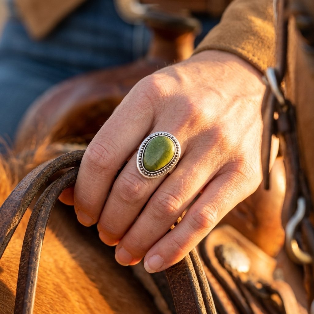 Vintage Silver Green Resin Oval Ring