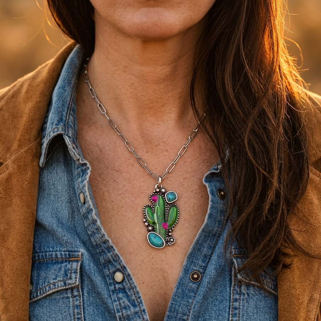Boho Silver Cactus Turquoise Necklace