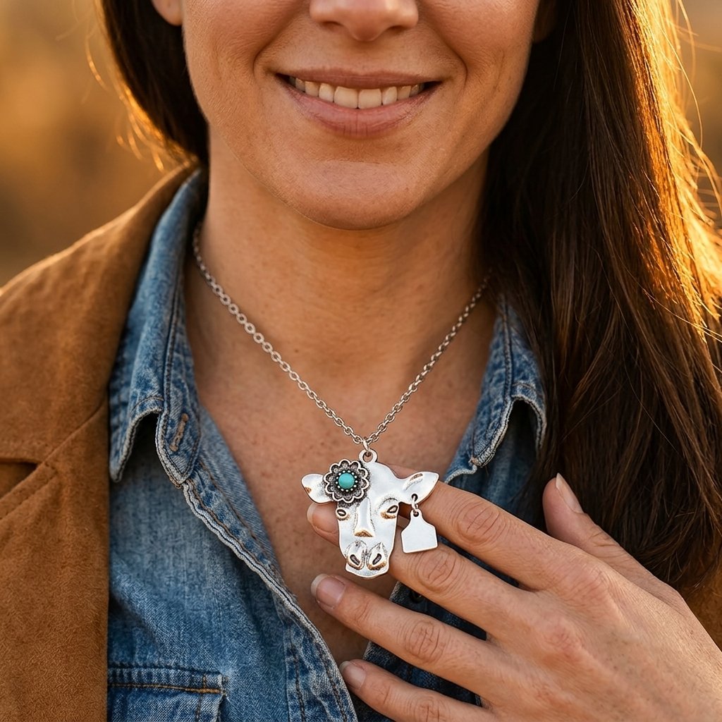 Vintage Silver Turquoise Cow Head Necklace