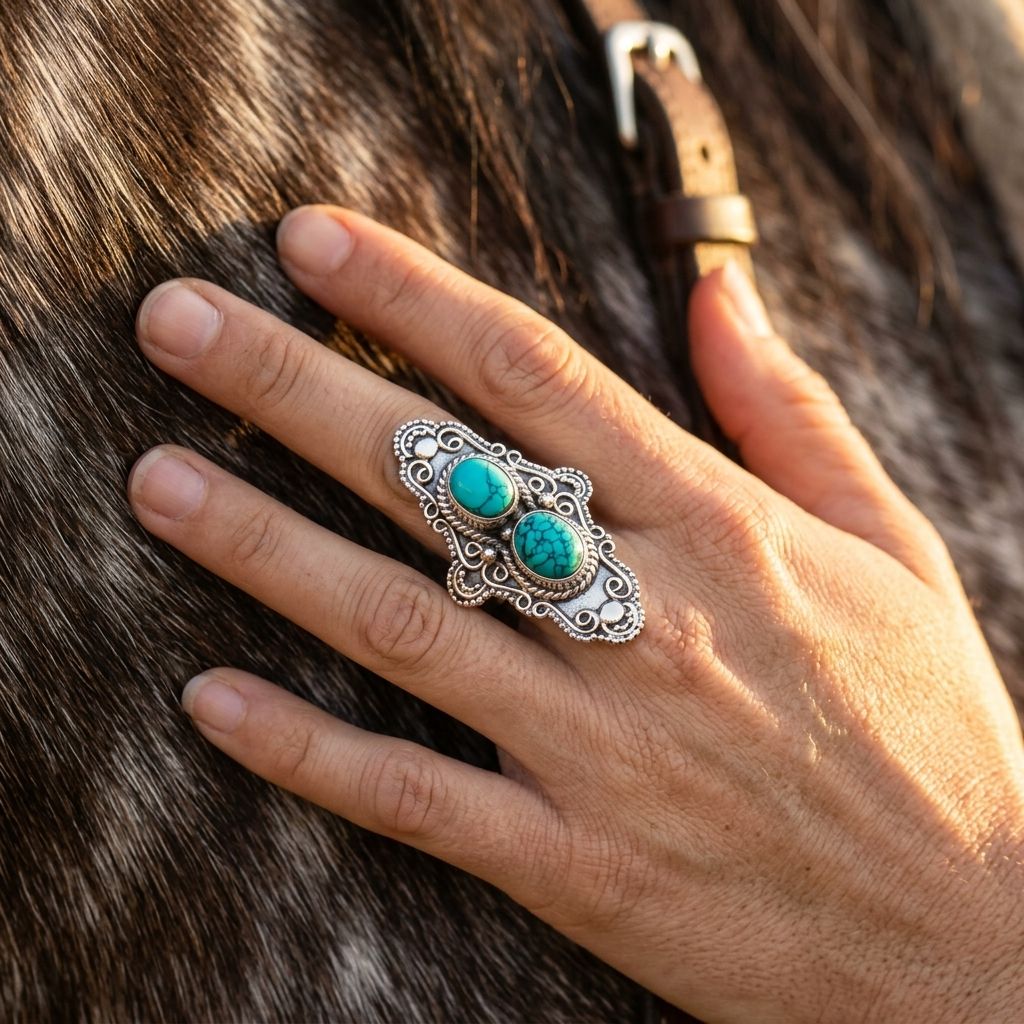 Boho Silver Turquoise Filigree Ring