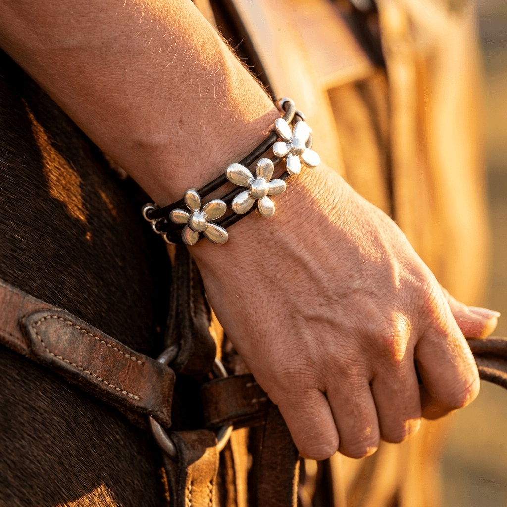 Bohemian Silver Flower Leather Bracelet
