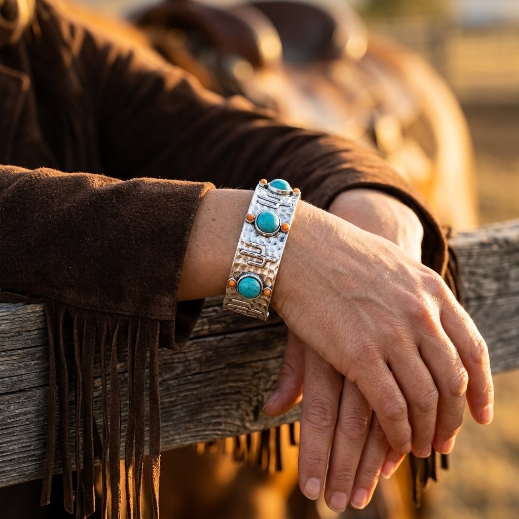 Hammered Silver Turquoise Cactus Bangle Bracelet