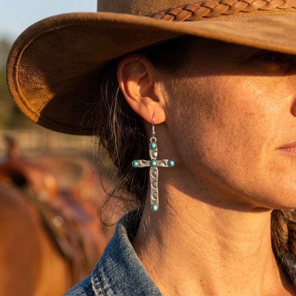 Western Silver Turquoise Filigree Cross Earrings