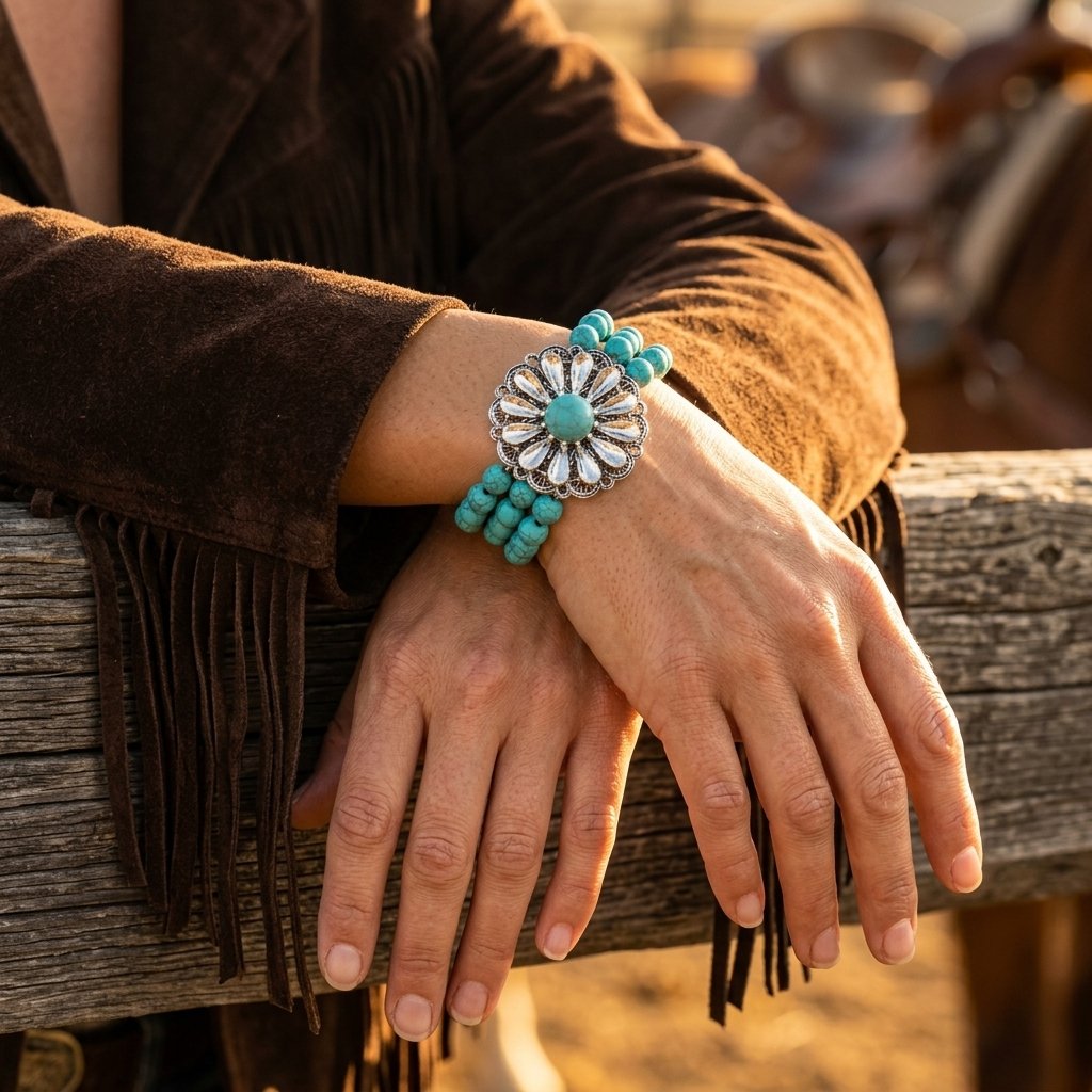 Boho Silver Turquoise Filigree Flower Bracelet