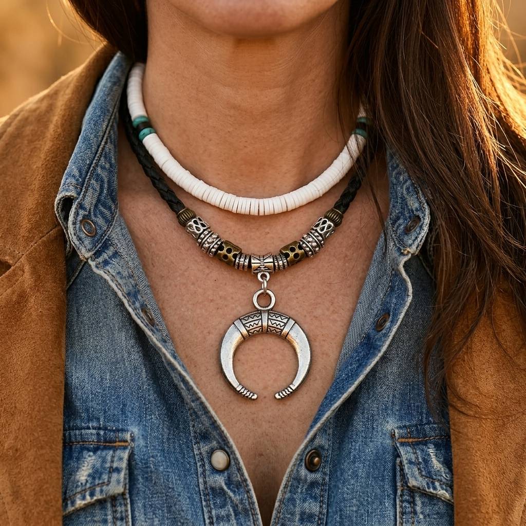 Tribal Silver Crescent Moon Pendant Bracelet