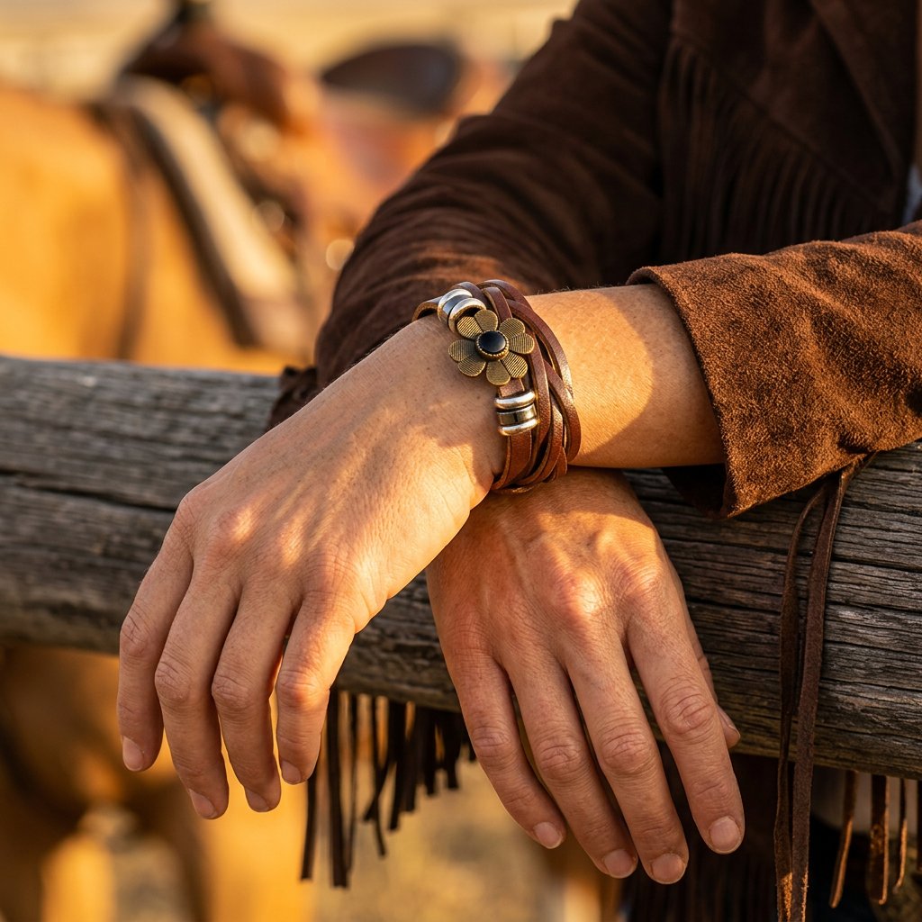 Boho Brown Leather Brass Flower Bracelet