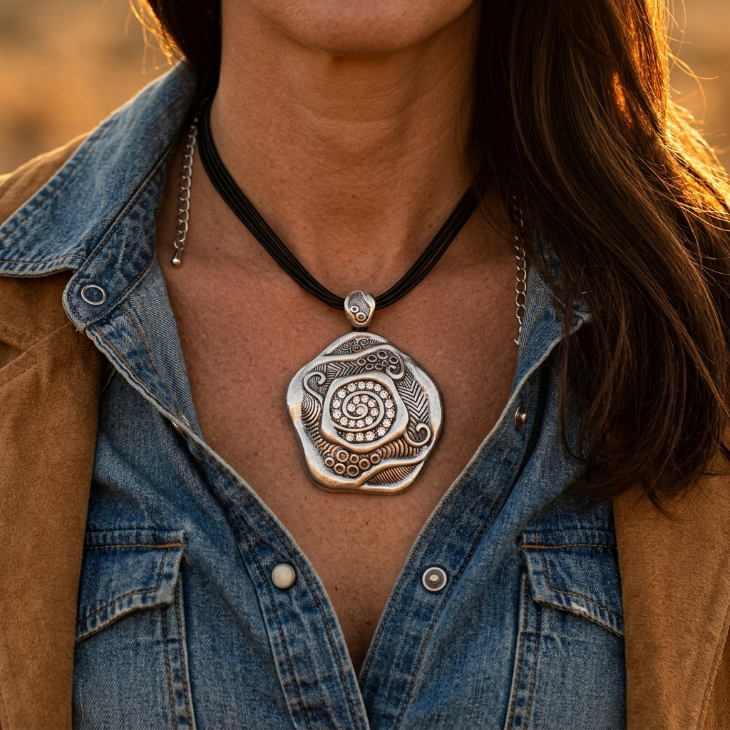 Bohemian Silver Spiral Pendant Cord Necklace