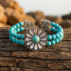 Boho Silver Turquoise Filigree Flower Bracelet