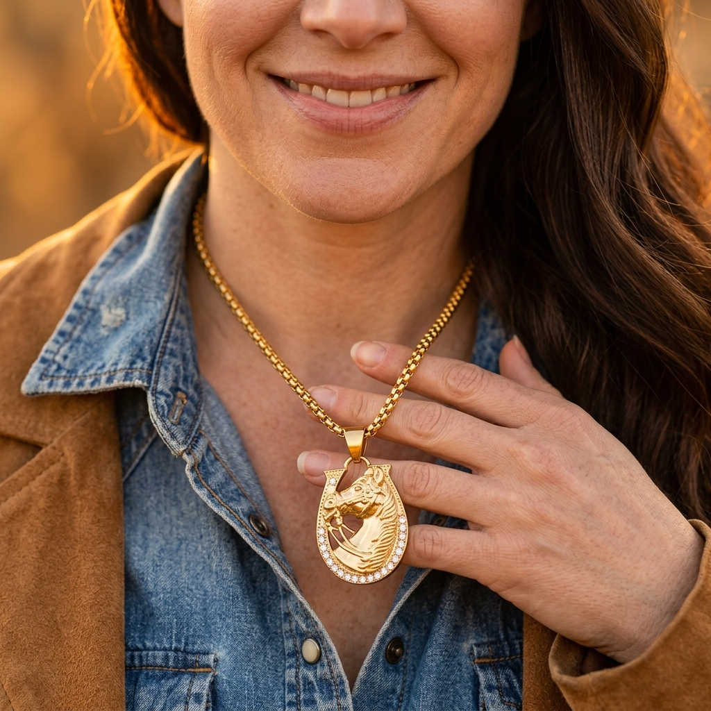 Gold Horse Head Teardrop Cubic Zirconia Necklace