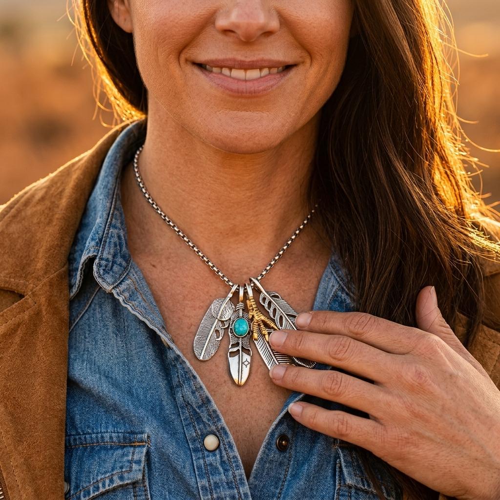 Boho Silver Turquoise Feather Pendant Necklace