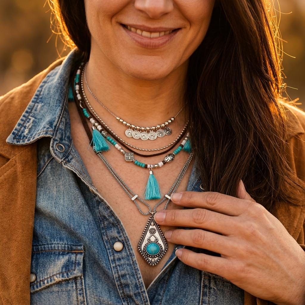 Boho Silver Turquoise Tassel Layered Necklace