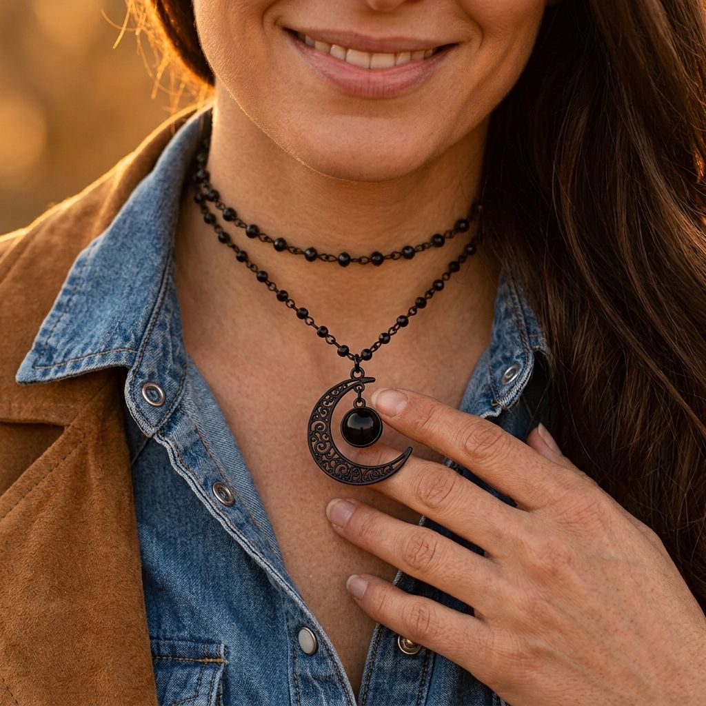 Vintage Silver Filigree Moon Black Necklace