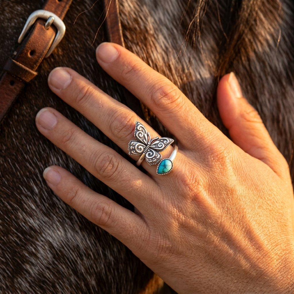 Vintage Silver Filigree Butterfly Turquoise Ring