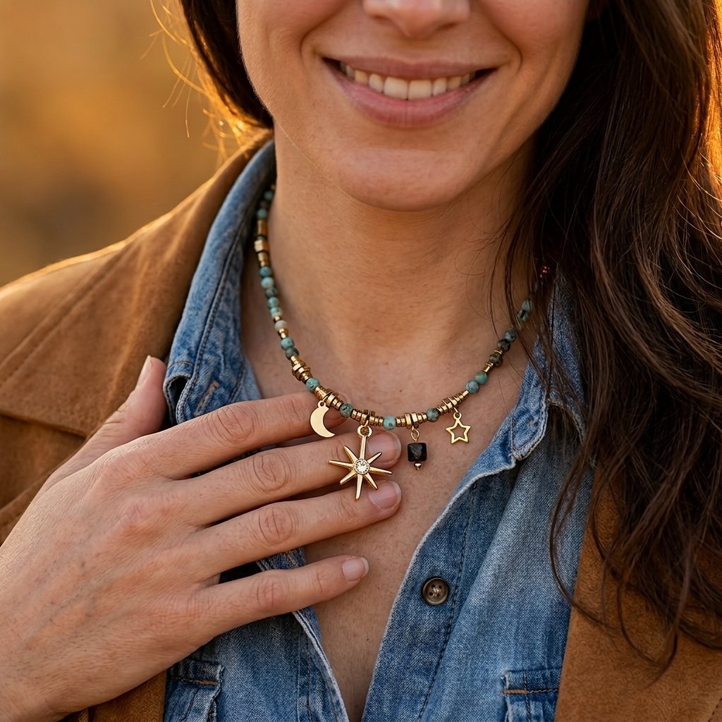 Celestial Gold Beaded Star Moon Necklace