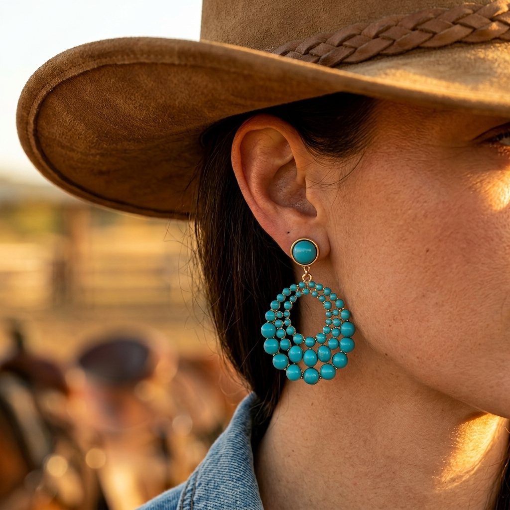 Bohemian Gold Lake Blue Beaded Hoop Earrings