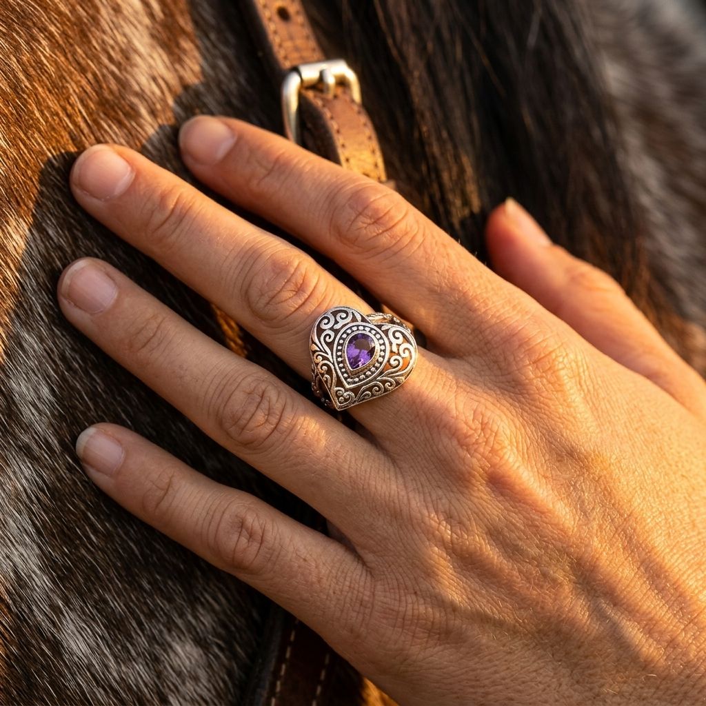 Vintage Silver Filigree Purple Oval Ring