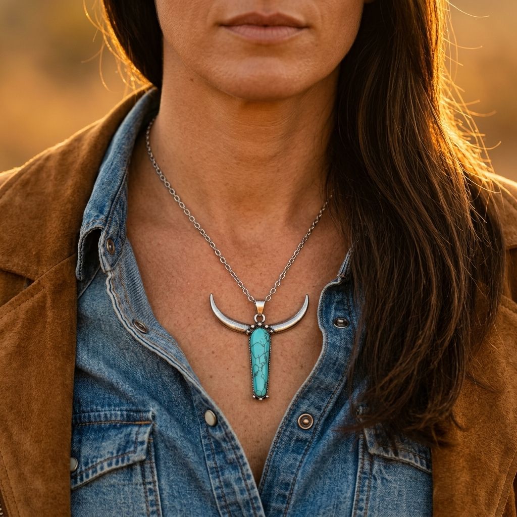 Boho Silver Turquoise Bull Horn Necklace
