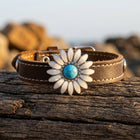 Boho Brown Leather Turquoise Daisy Bracelet