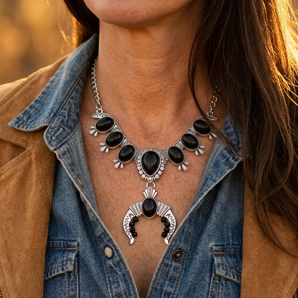 Boho Silver Black Onyx Crescent Necklace