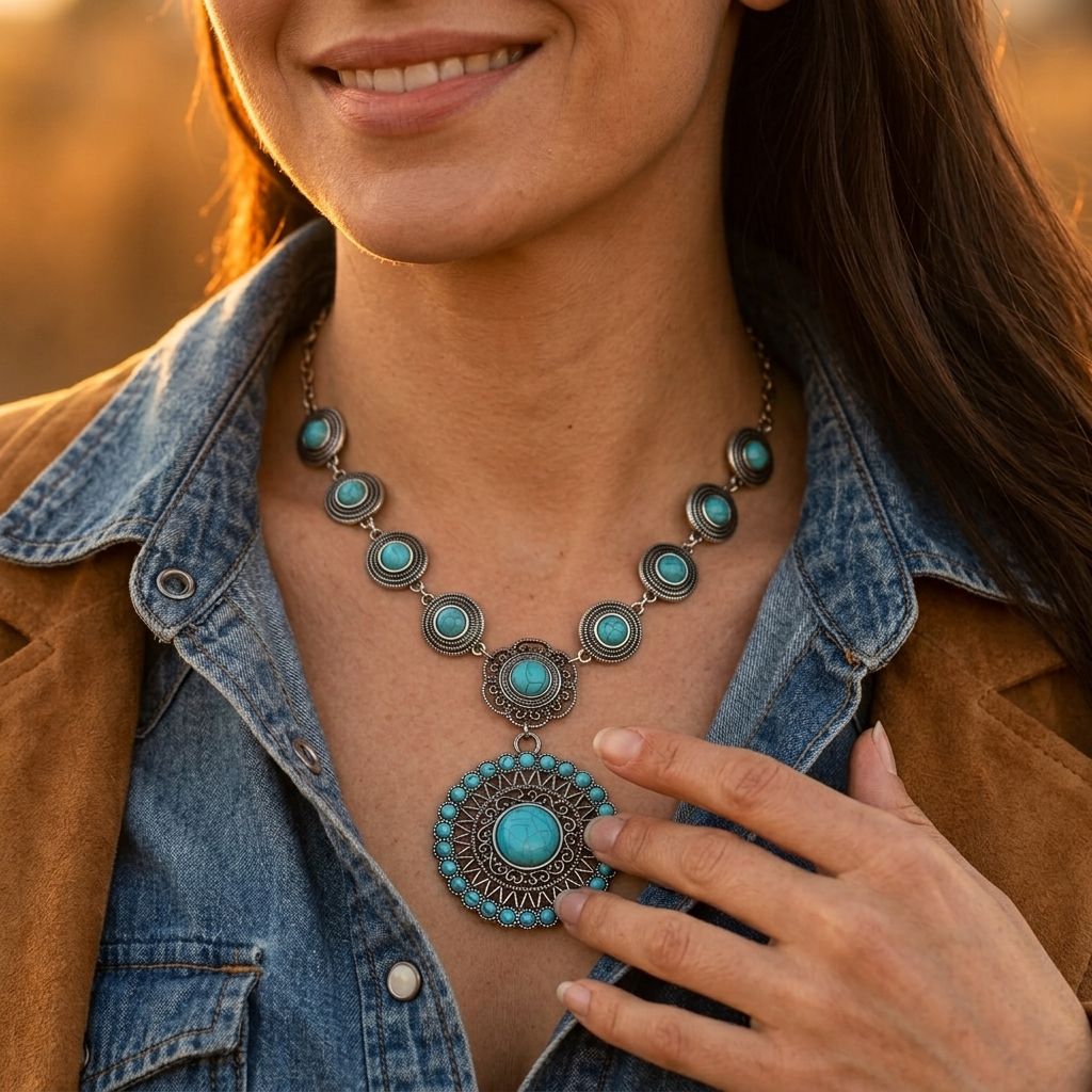 Boho Silver Turquoise Vintage Necklace Earrings Set