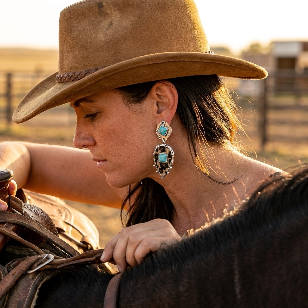 Western Silver Turquoise Leopard Print Drop Earrings