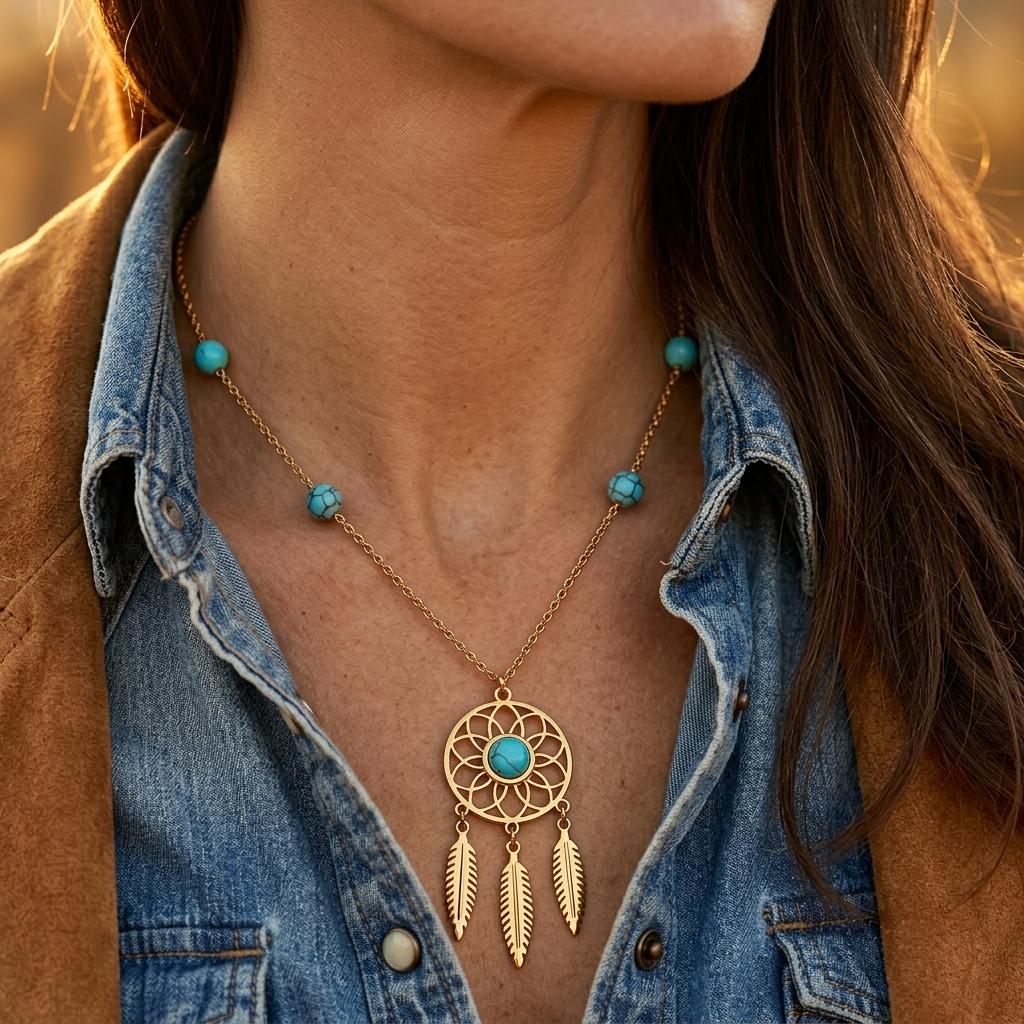 Boho Gold Turquoise Filigree Feather Necklace