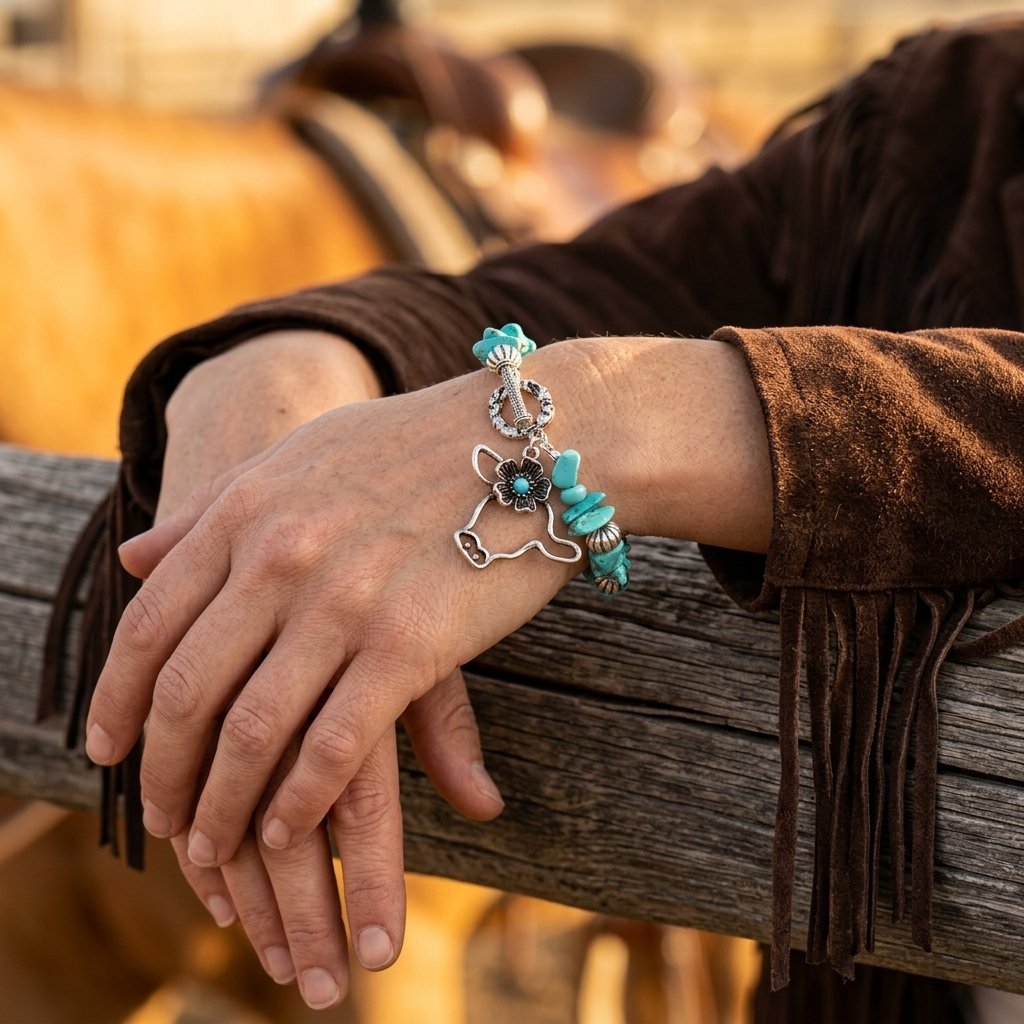Boho Silver Turquoise Cow Charm Bracelet