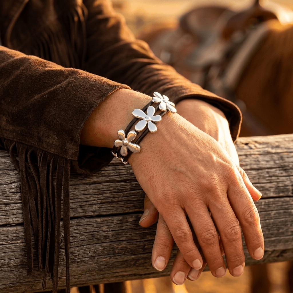 Bohemian Silver Flower Leather Bracelet