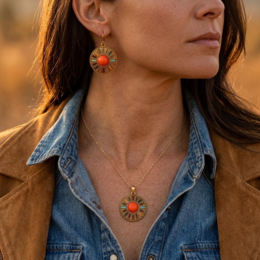 Boho Silver Turquoise Floral Cutout Jewelry Set