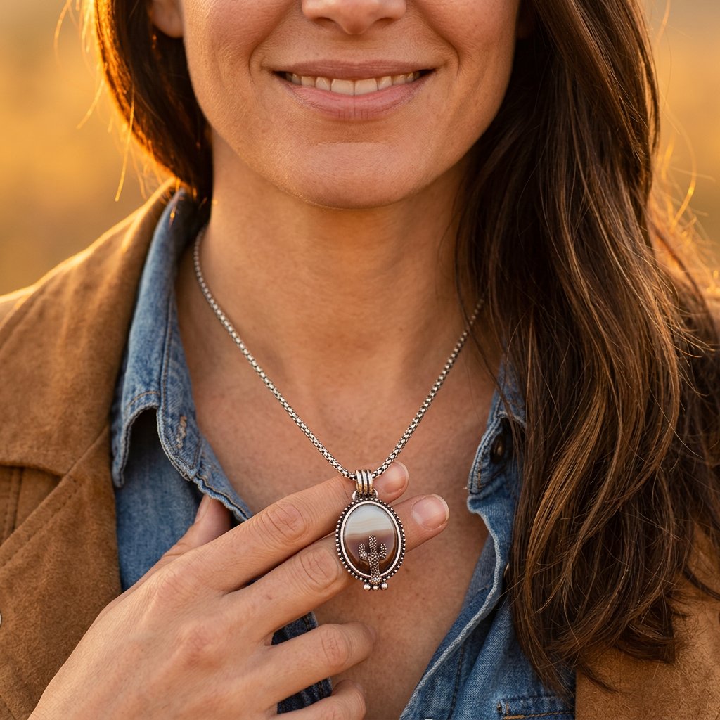 Desert Silver Cactus Oval Necklace