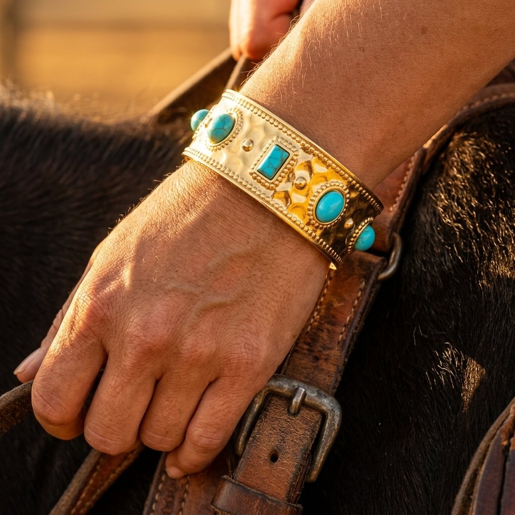 Vintage Gold Turquoise Hammered Cuff Bracelet