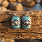 Ethnic Silver Turquoise Square Dangle Earrings