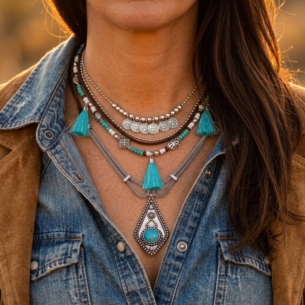 Boho Silver Turquoise Tassel Layered Necklace