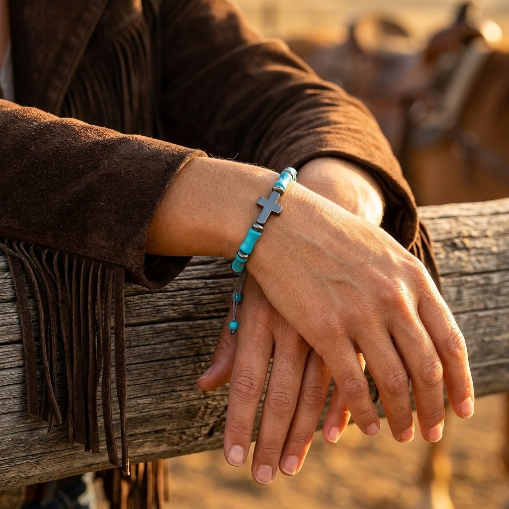 Turquoise Cross Cylinder Bead Bracelet