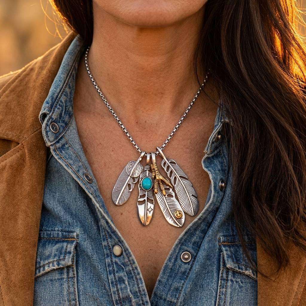 Boho Silver Turquoise Feather Pendant Necklace